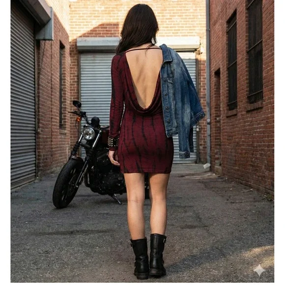 Affliction Womens Rocco Dress Burgundy Black Tie Dye Cowl Neck Long Sleeve M - Picture 2 of 8